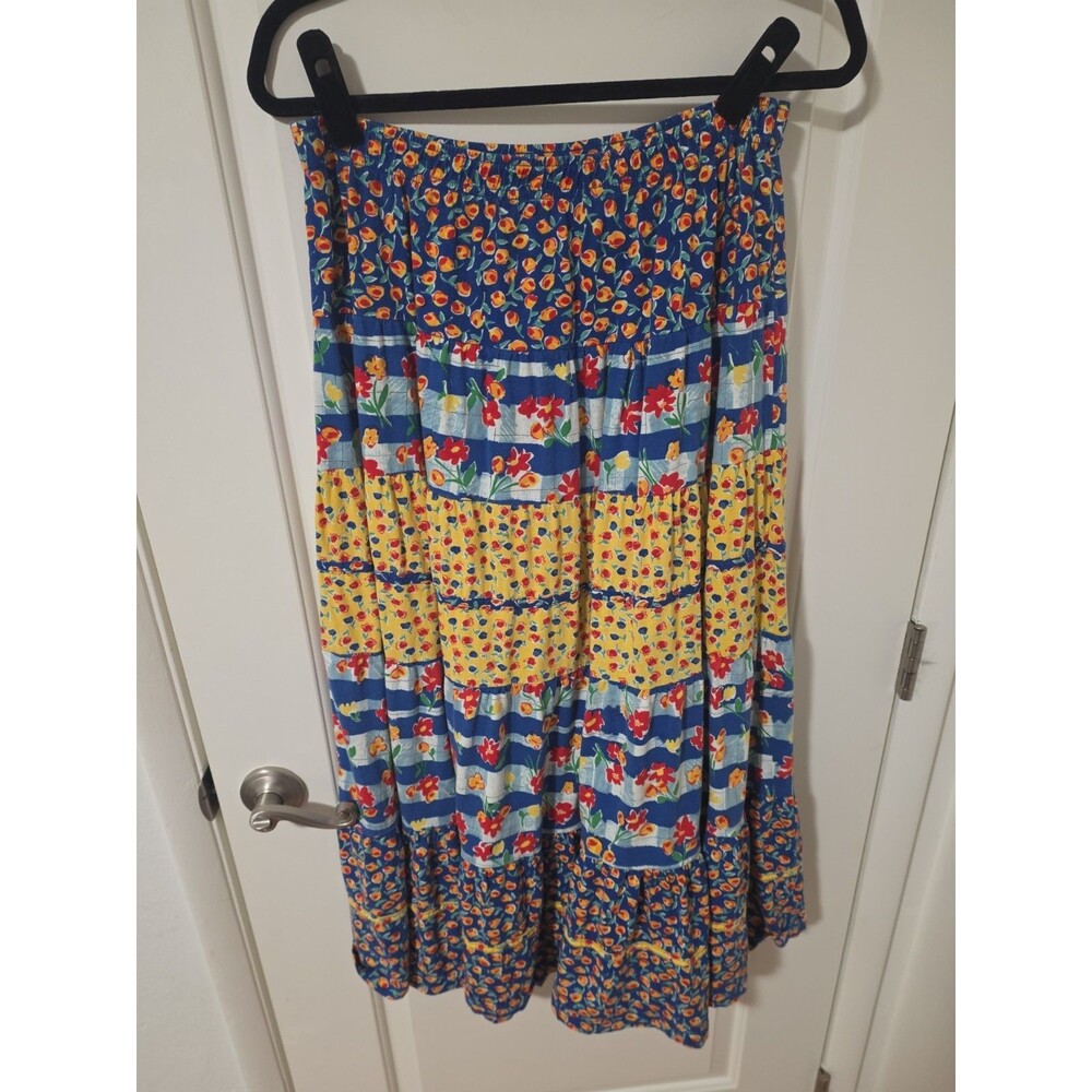 Vtg Carole Little Colorful Tiered Maxi Skirt Patchwork Cottagecore Boho Size L